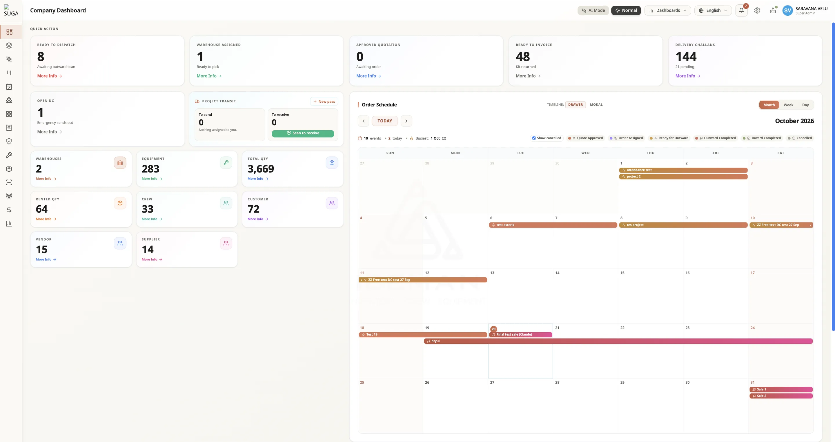 The ICEMAN dashboard: quick-action counts for dispatch, quotations and invoicing above a month calendar of booked shows.