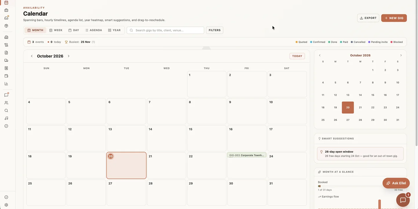 The freelancer availability calendar, with booked gigs marked, a month-at-a-glance panel and a suggestion highlighting a run of free days.