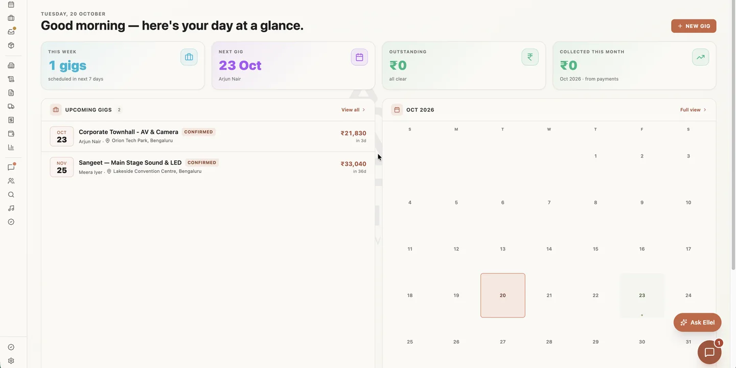 The freelancer workspace dashboard: gigs scheduled this week, the next booking with its date and client, outstanding and collected totals, and a list of upcoming gigs with their values.