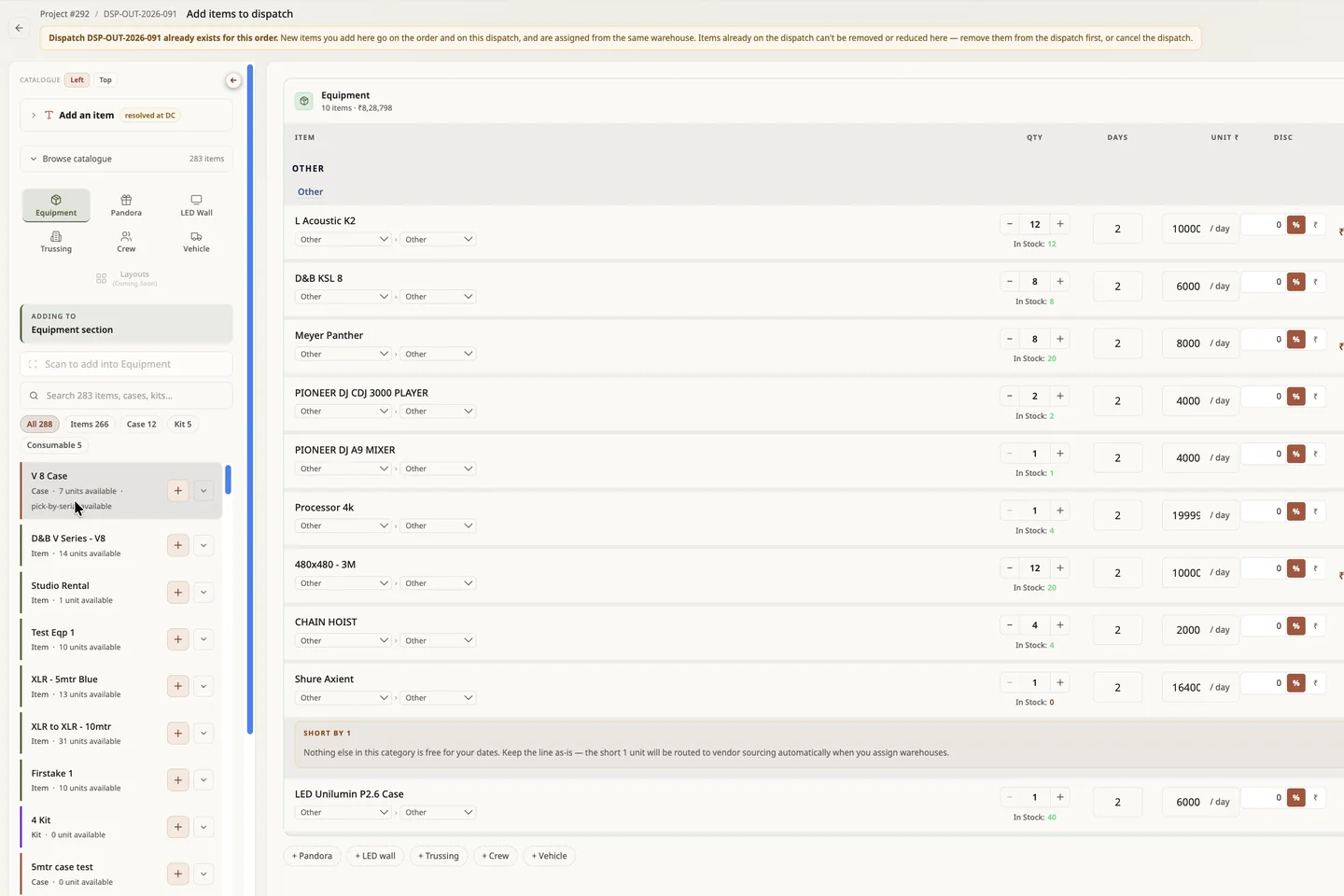 The quote builder: equipment lines with quantity, days, unit rate and discount, each showing free stock for the dates, with one short line flagged for vendor sourcing.
