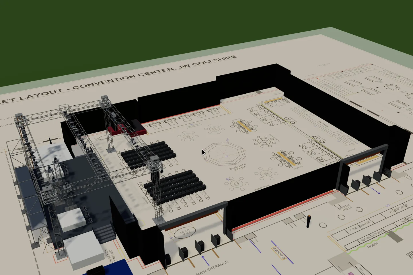 The same venue layout rendered in 3D, with truss towers, stage decks and labelled zones standing above the floor plan.
