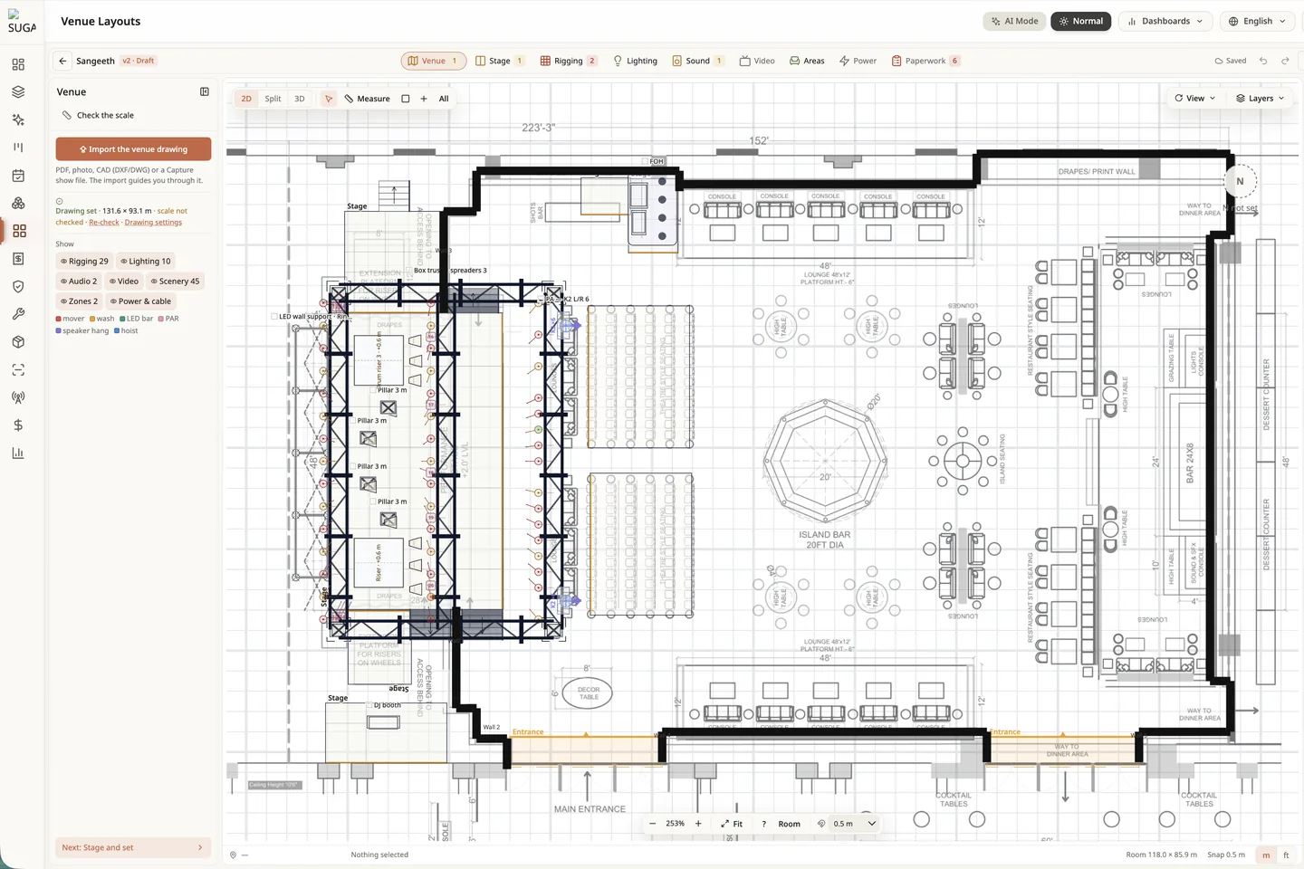 The venue layout designer: a floor plan with stage, trusses, rigging points and lights placed on it to scale.